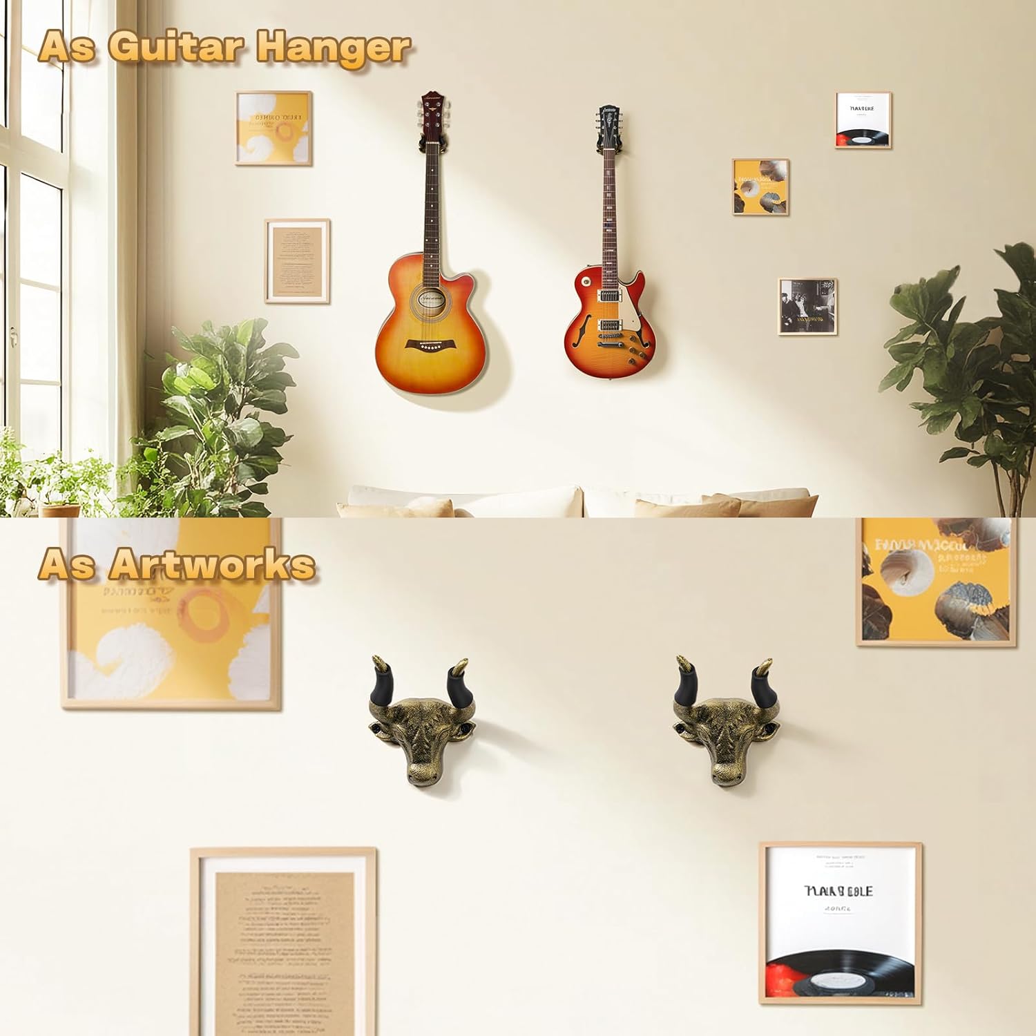Guitar Wall Mount 2 Pack, Guitar Hanger Wall Mount Cast Iron, Bull Head Guitar Holder, Guitar Accessories for Acoustic, Electric Guitar, Bass, Ukulele, Guitar Stand Wall, Cool Guitar Gifts, Gold