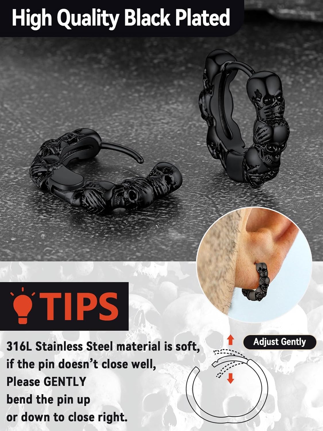 FaithHeart Skull Hoop Earrings for Men Silver/Black/Gold Stainless Steel Gothic Huggie Hoops Earring Lightweight Hypoallergenic Punk Cool Rapper Hip-hop Ear Jewelry Gifts - Image 3