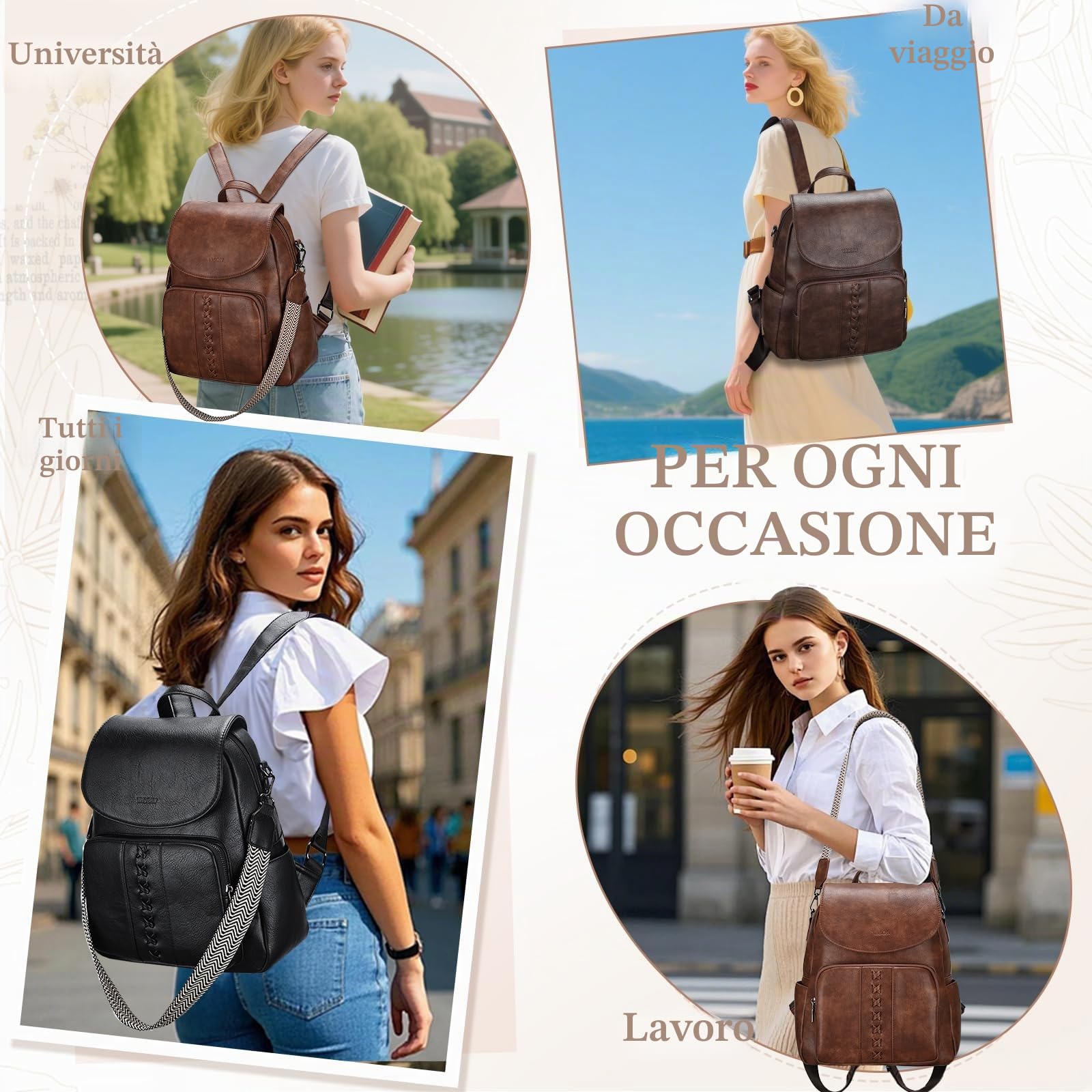 VASCHY Zaino Pelle Donna,Zainetto Donna Elegante Borsa Zaino Lavoro Zaini Antifurto Vintage con Tracolla/Scuola/Viaggio