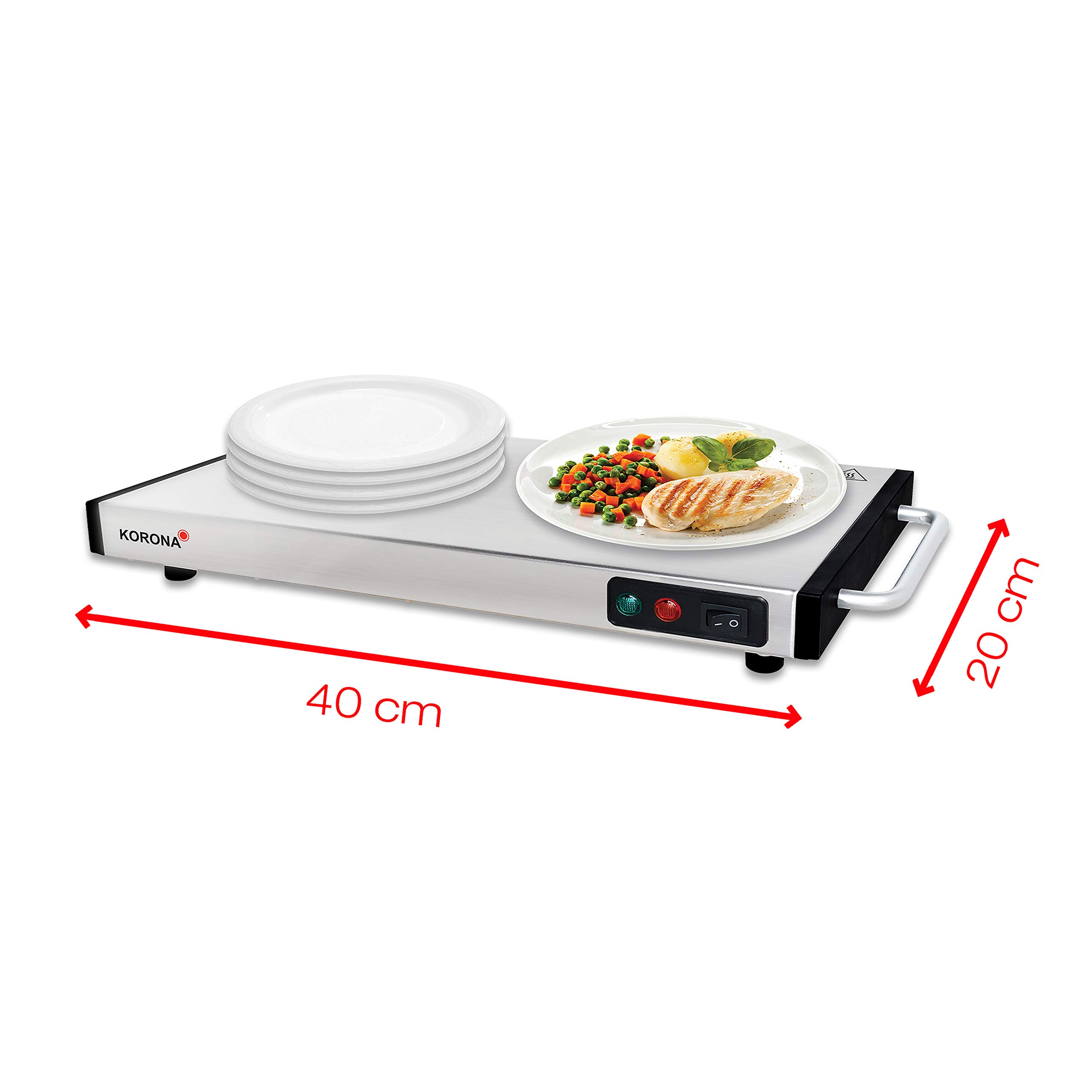 Korona 59500 Warmhalteplatte 1100 Watt max. zum Warmhalten von Speisen | kabellos nutzbar | 40 x 20 cm, Edelstahl