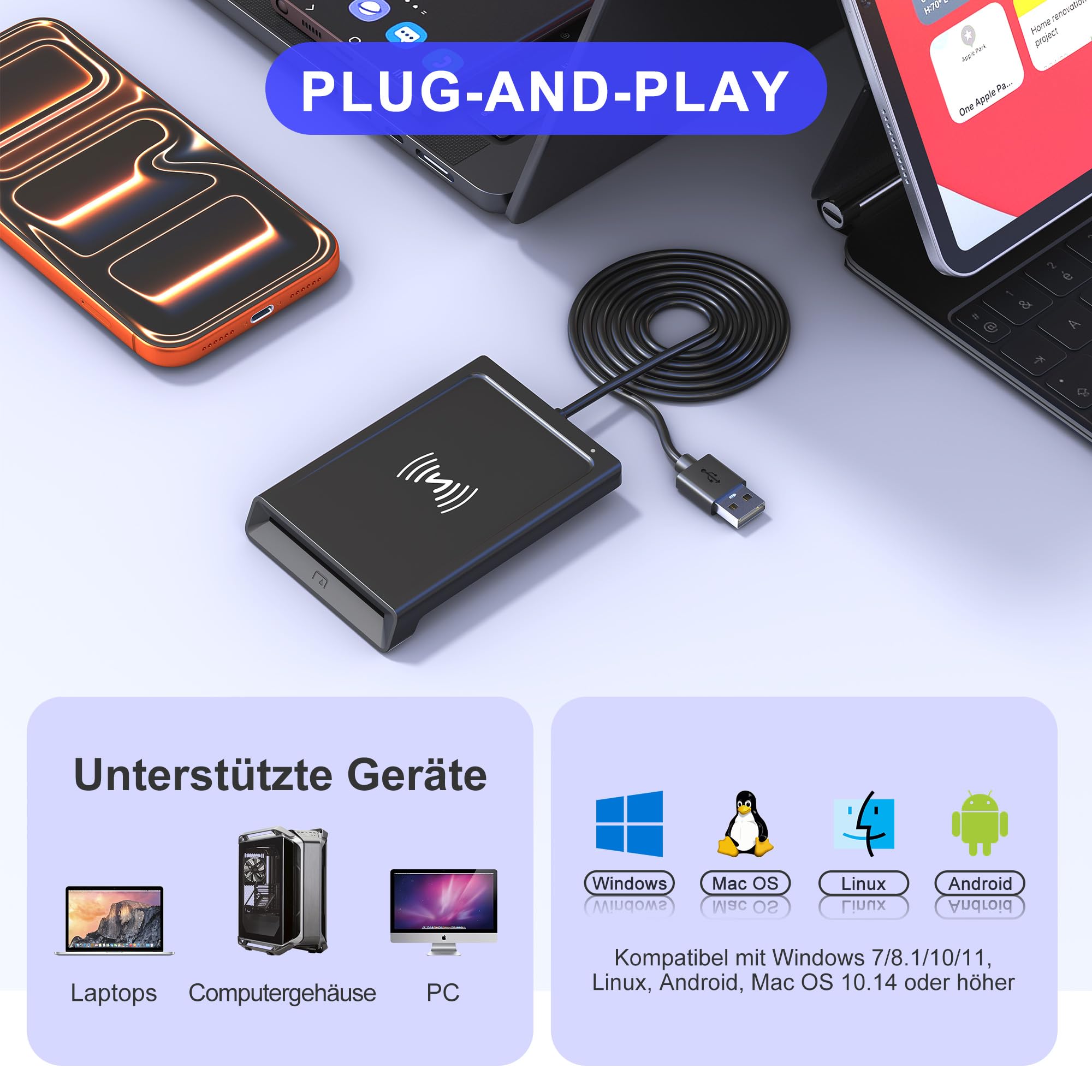 Kartenlesegerät Personalausweis NFC & Chipkartenleser 2in1, NFC Lesegerät & Chipkartenleser für den Neuen Personalausweis Bankkarten, Smartcard Reader NFC kompatibel mit Windows, Linux, Android, Mac