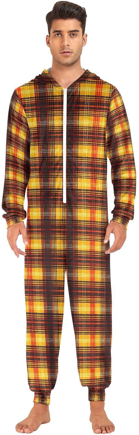 Orange Red Checkered Buffalo Plaid Adult Onesie Pajamas Novelty One Piece Costume Sleepwear Jumpsuits Matching PJS