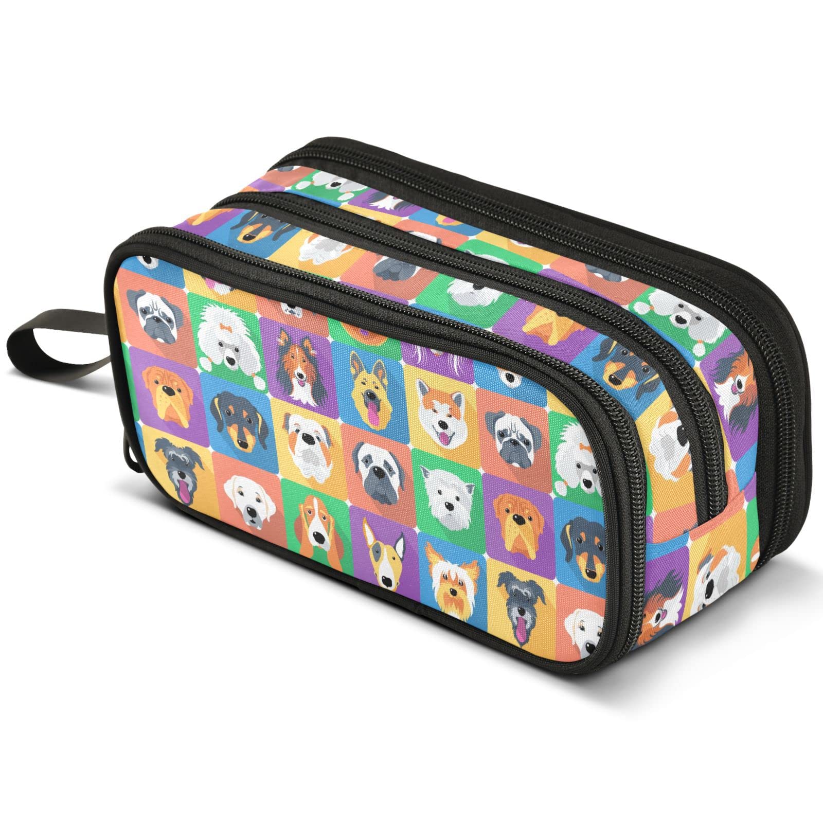 Mnsruu Colorful Check Dogs Pencil Case Large Capacity Pen Pouch Makeup Bag with 3 Compartments Pen Holder Organizer Stationery Bag for Girls Womens