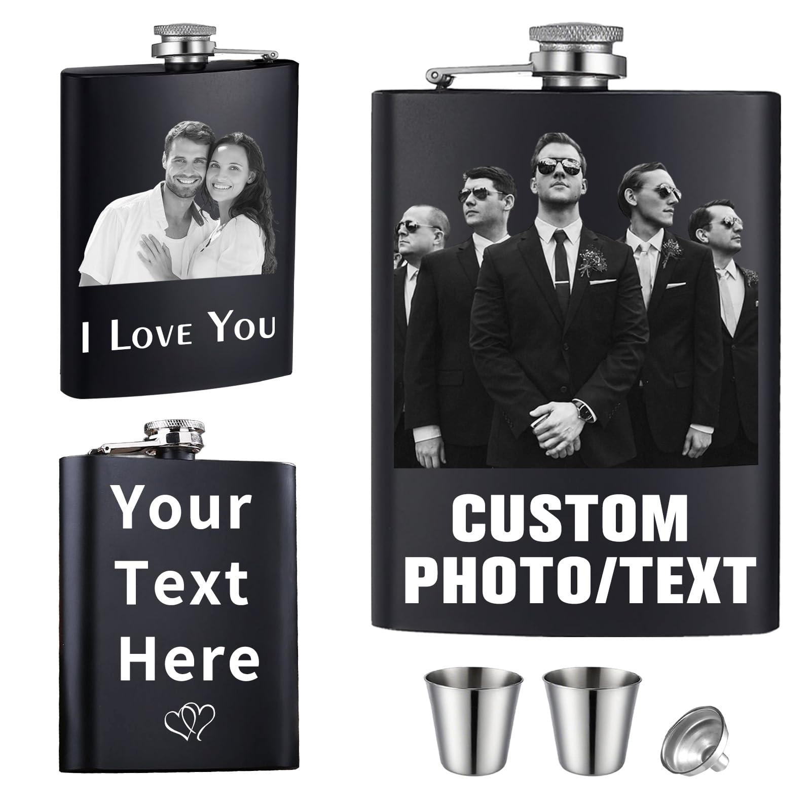 Custom Hip Flask for Men 8oz Personalised Flask Alcohol Engraved with Photo Text Icon Customize Hip Flasks Fathers Day Christmas Gifts for Wedding Groomsman Dad Men Women (Personalized Photo 2)