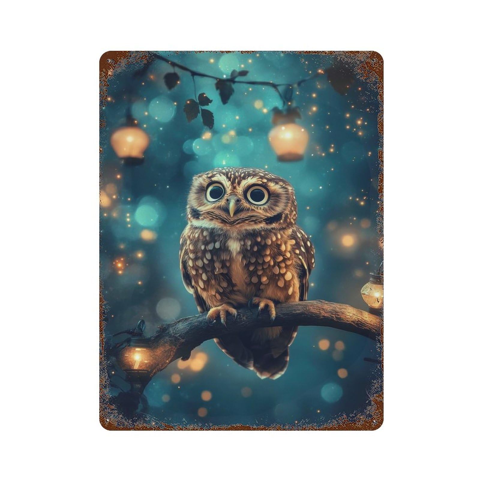 Owl in Enchanted Forest 15.7"x11.8" Aged Metal Wall Plaque, Novelty Wall Decor for Garage, Bar And Workshop Decor