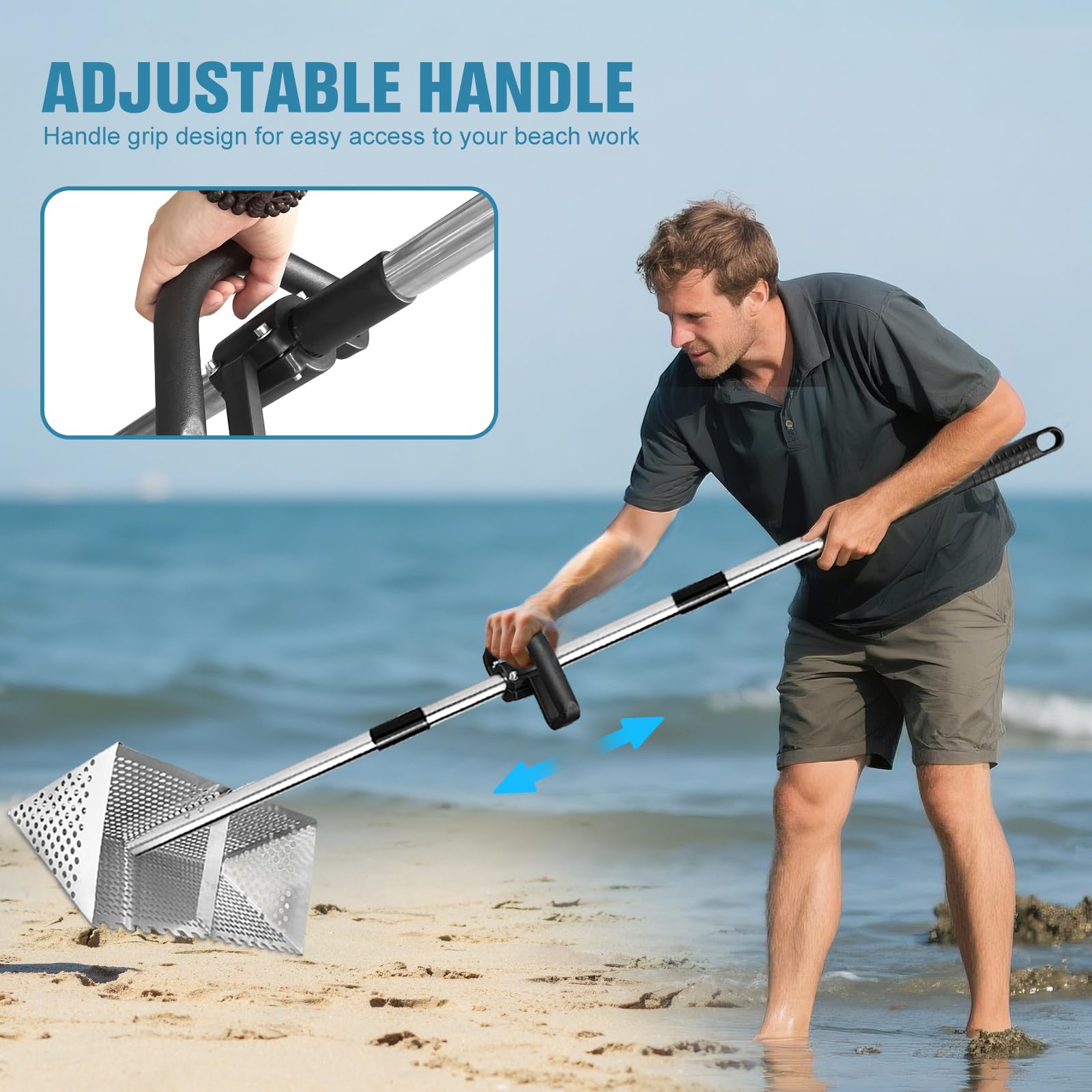 Rastrello per pulci da spiaggia – Setaccio per sabbia rimovibile con manico lungo 119,4 cm, in acciaio inox, resistente paletta per sabbia con cestino largo 40,6 cm, strumento di rilevamento dei