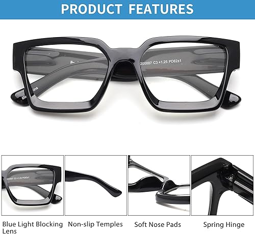Miniatura 10 de JM Paquete de 3 lentes de lectura cuadrados estilo Oprah para mujeres y hombres, lectores rectangulares de gran tamaño, con bisagra de resorte,