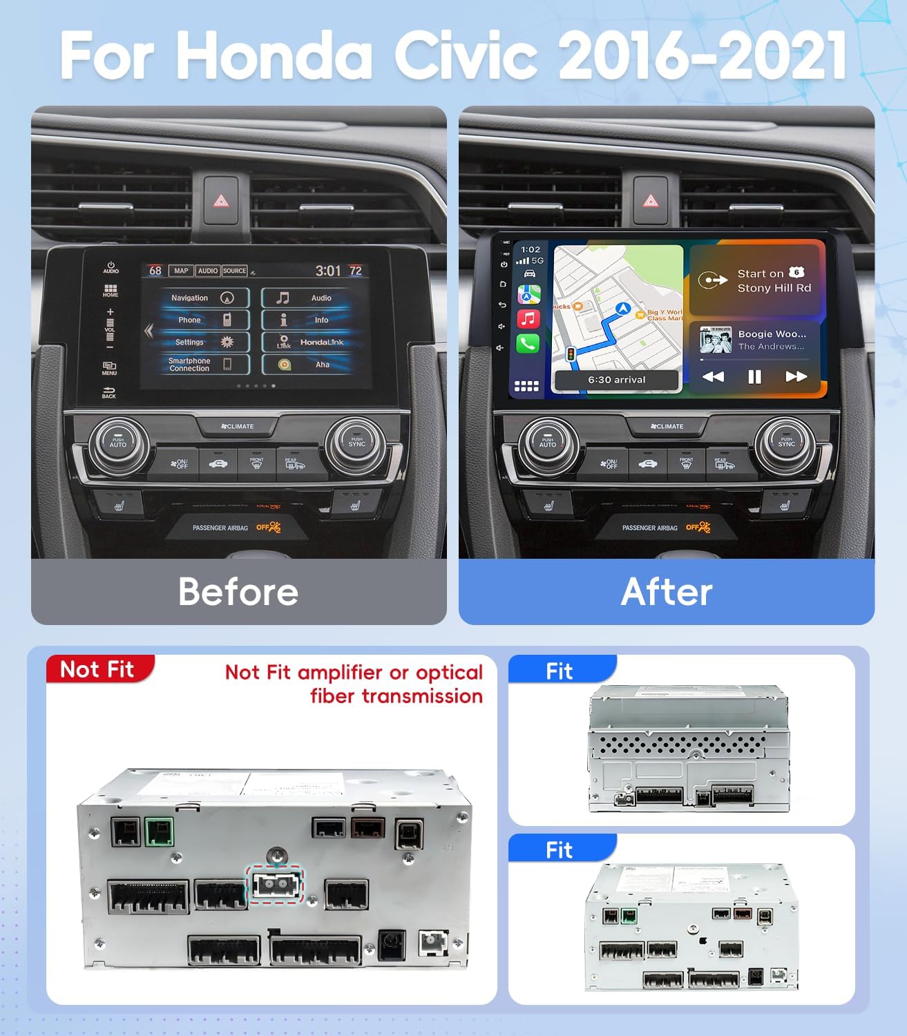 4G+64GB Android 13 Car Radio Stereo for Honda Civic 2016-2021, 9" Touch Screen Head Unit with Android 13/CarPlay/Android Auto/GPS Navigation/Bluetooth/FM/DSP Radio/AHD Backup Camera