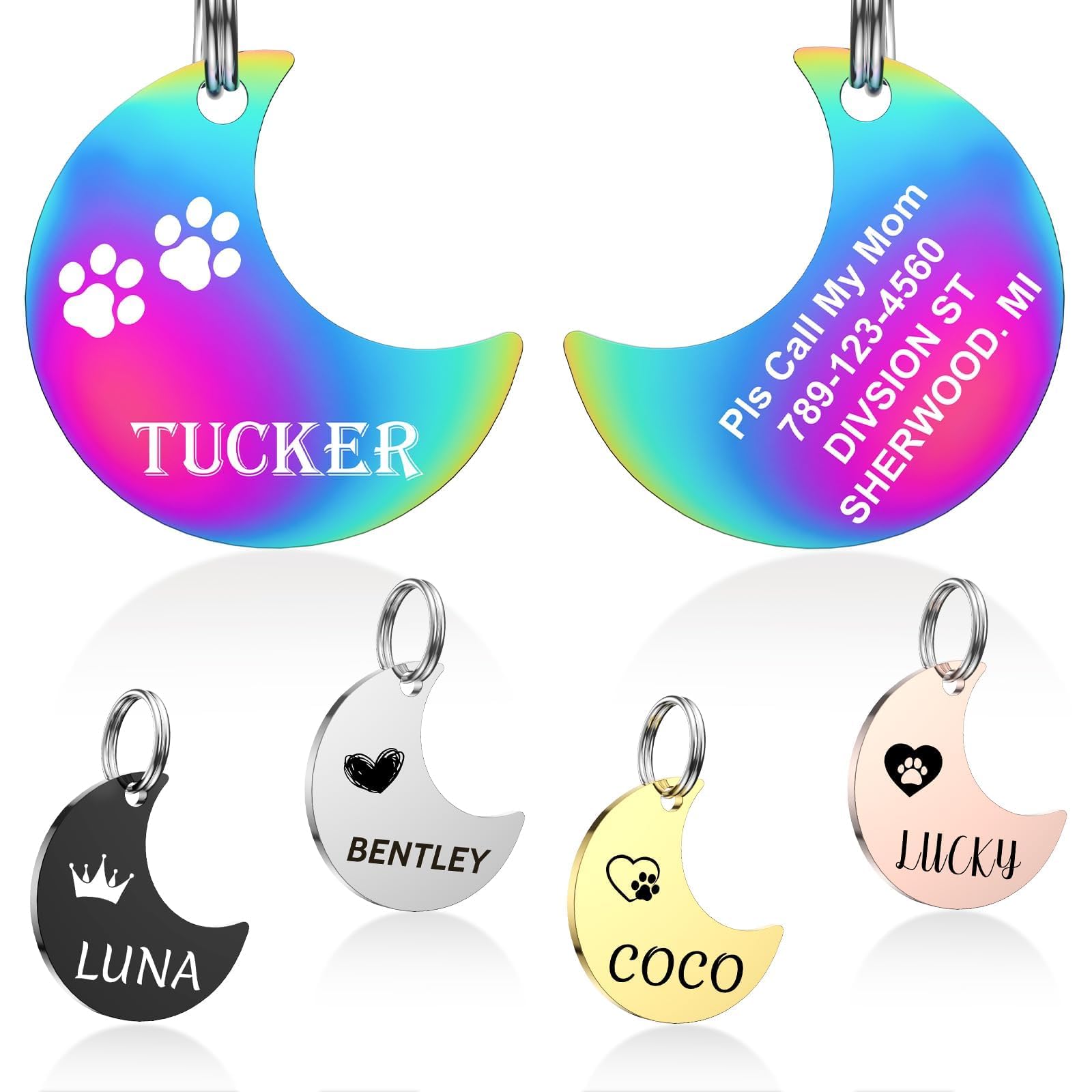 YEHANTI Hundemarke mit Gravur - Hundemarke Personalisiert mit Name, Telefonnummer und Adresse, Edelstahl Namensschild für Halsband, Anhänger Marke für Hunde, Katzen und Welpen (Mond)