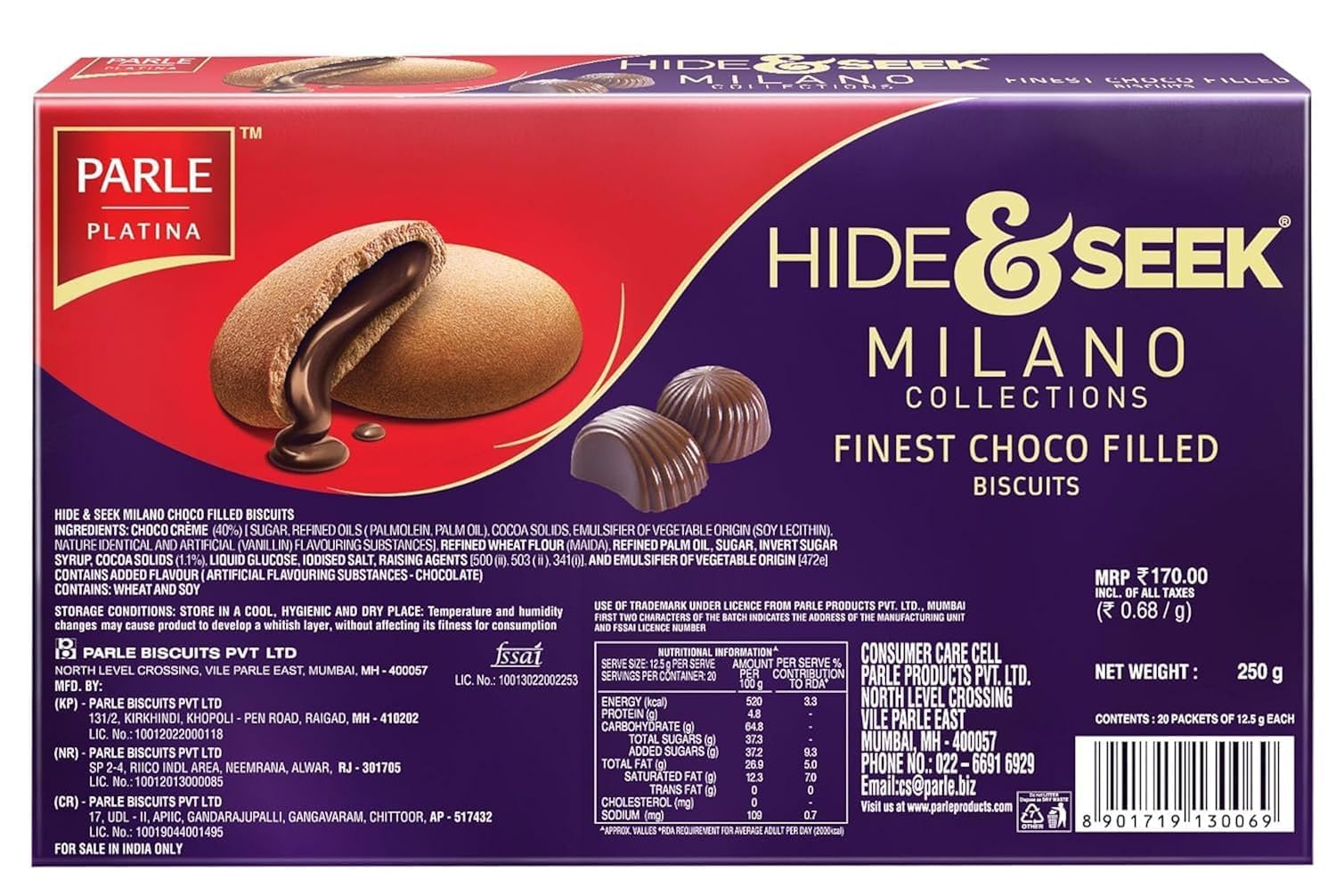 Parle Platina Parle Hide & Seek Milano Center Filled Regular Chocolate 250 G/200 G (Weight May Vary)