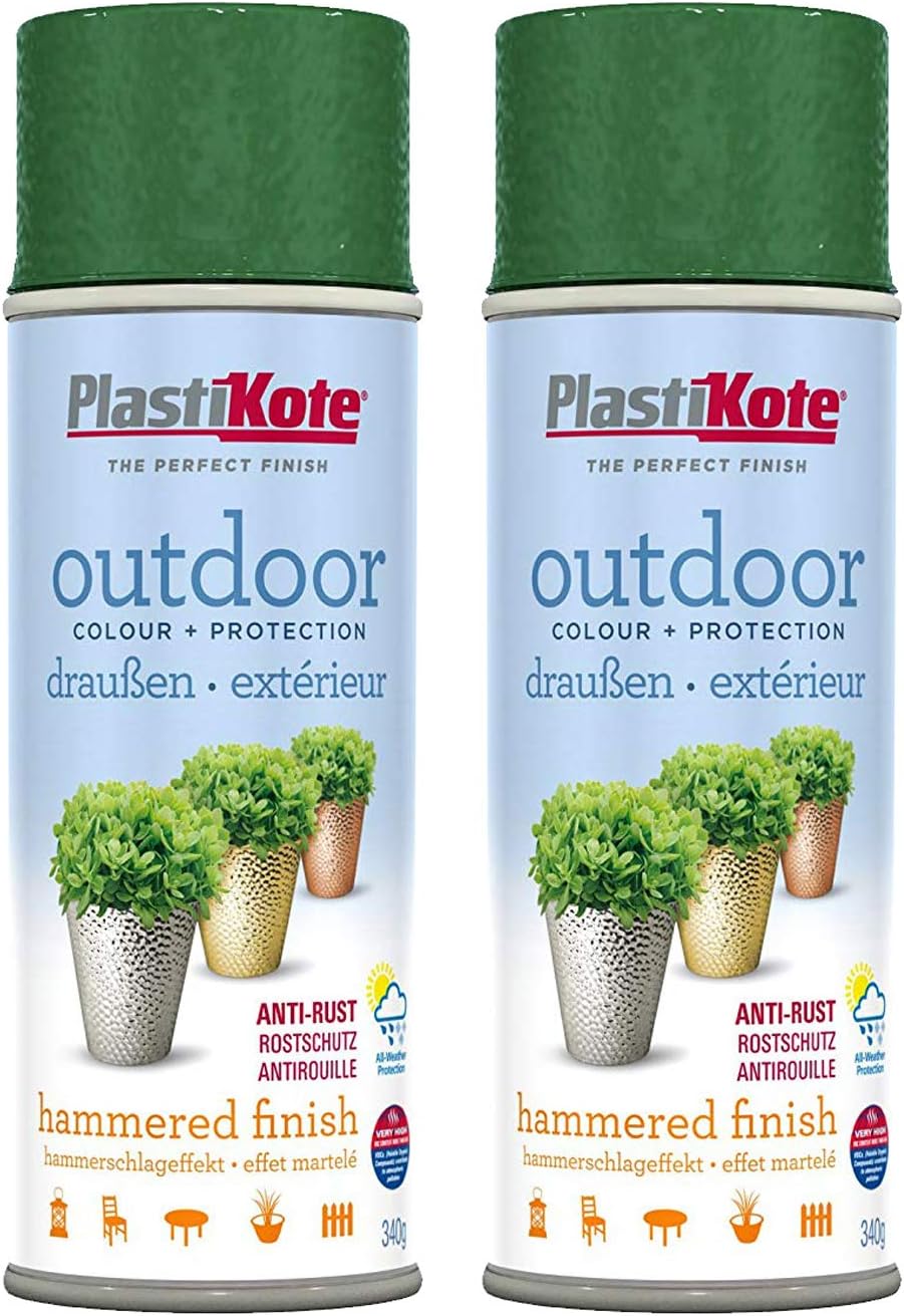 PlastiKote Outdoor Hammered Finish Green Spray Paint 400ml - 2.23m² Coverage per can - Anti-Rust All Weather Protection.