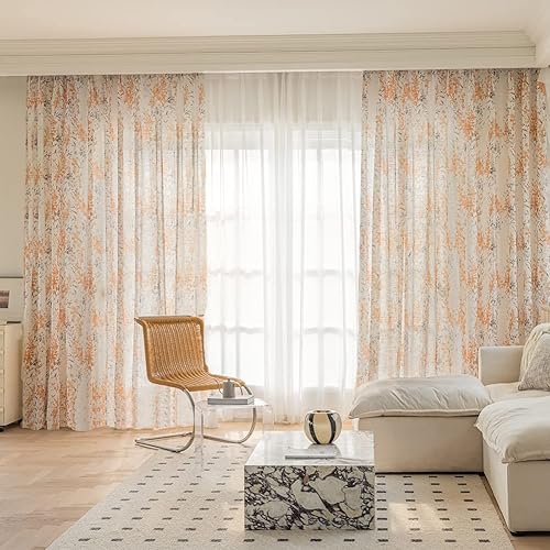 Miniatura 2 de Cortinas semitraslúcidas de lino con textura floral naranja quemado para sala de estar, estampado de hojas, filtrado de luz, cortina bohemia para