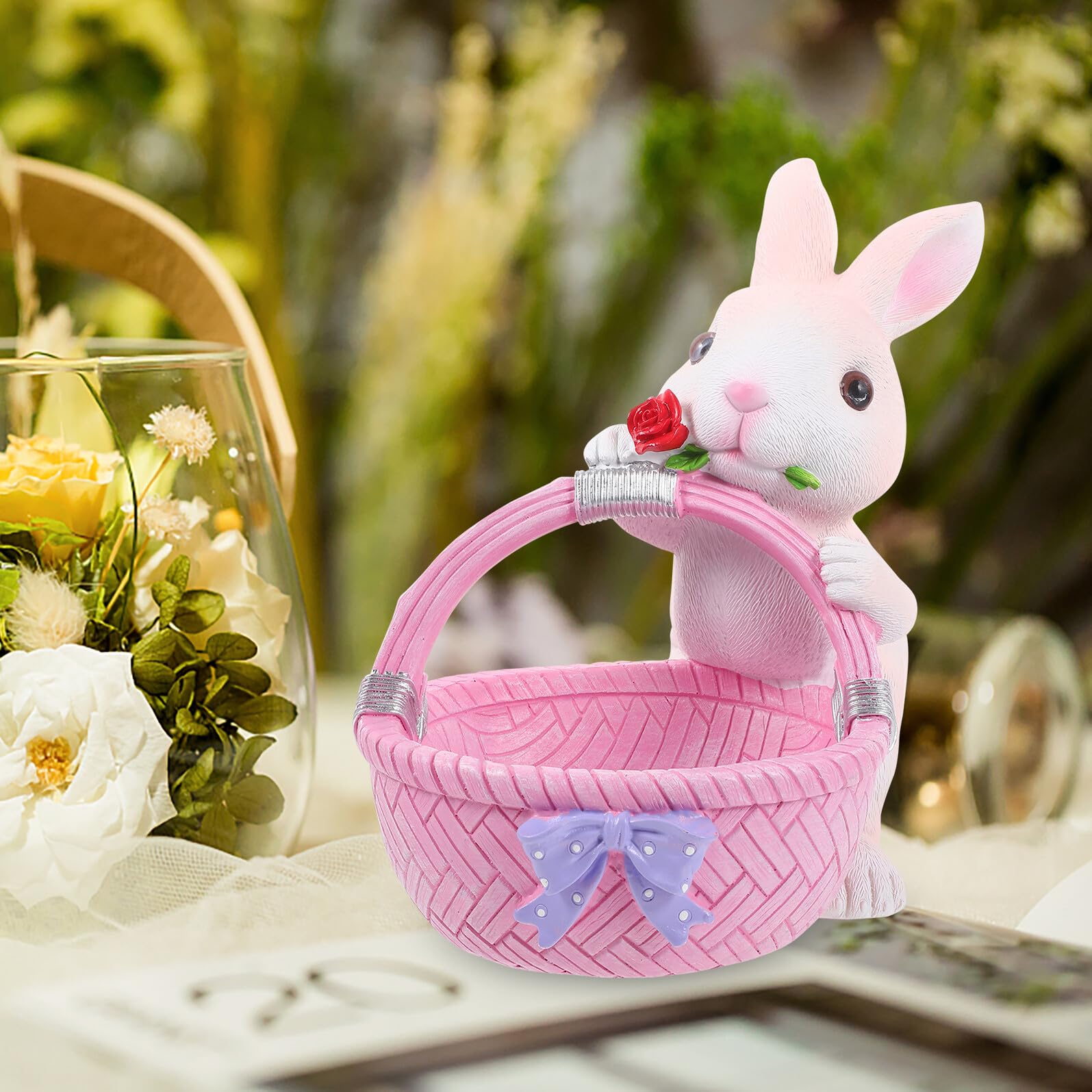 Uonlytech Decorazione Pasqua Coniglio in Resina Cestino Design Unico Adorabile e Funzionale per Casa e Tavola Rosa Ornamento da Collezione