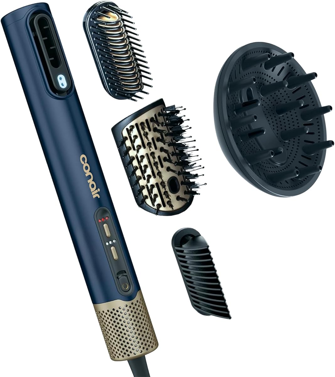 Sistema de peinado Conair DigitalAire Air, 4 en 1, tecnología iónica, azul oscuro | Herramienta multiestilizador con 4 accesorios, alisador, difusor, cepillo para dar volumen, desenredante, temperatura máxima de 255°F