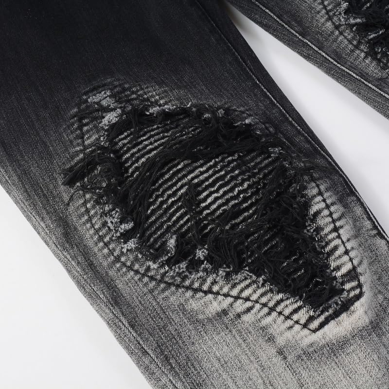 Mens Retro Gradient Knee Patchwork Ripped Jeans Skinny Pants Stretch Slim Fit Distressed Trousers3