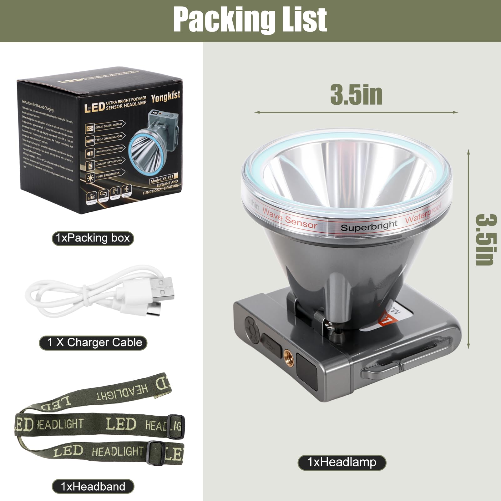 Superleichte Ultradünne Polymer Akku LED Stirnlampe mit Bewegungsmelder, Batteriestandsanzeige, 5 Modi Hohe Helligkeit Wasserdicht, Perfekt für Camping, Wandern, Angeln (YK-313 Weißlicht)