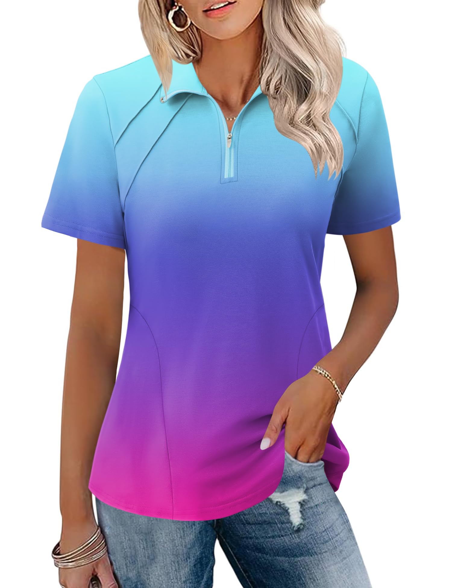 LOMON Womens Golf Polo Shirt Summer Short Sleeve Quarter Zip Outfit