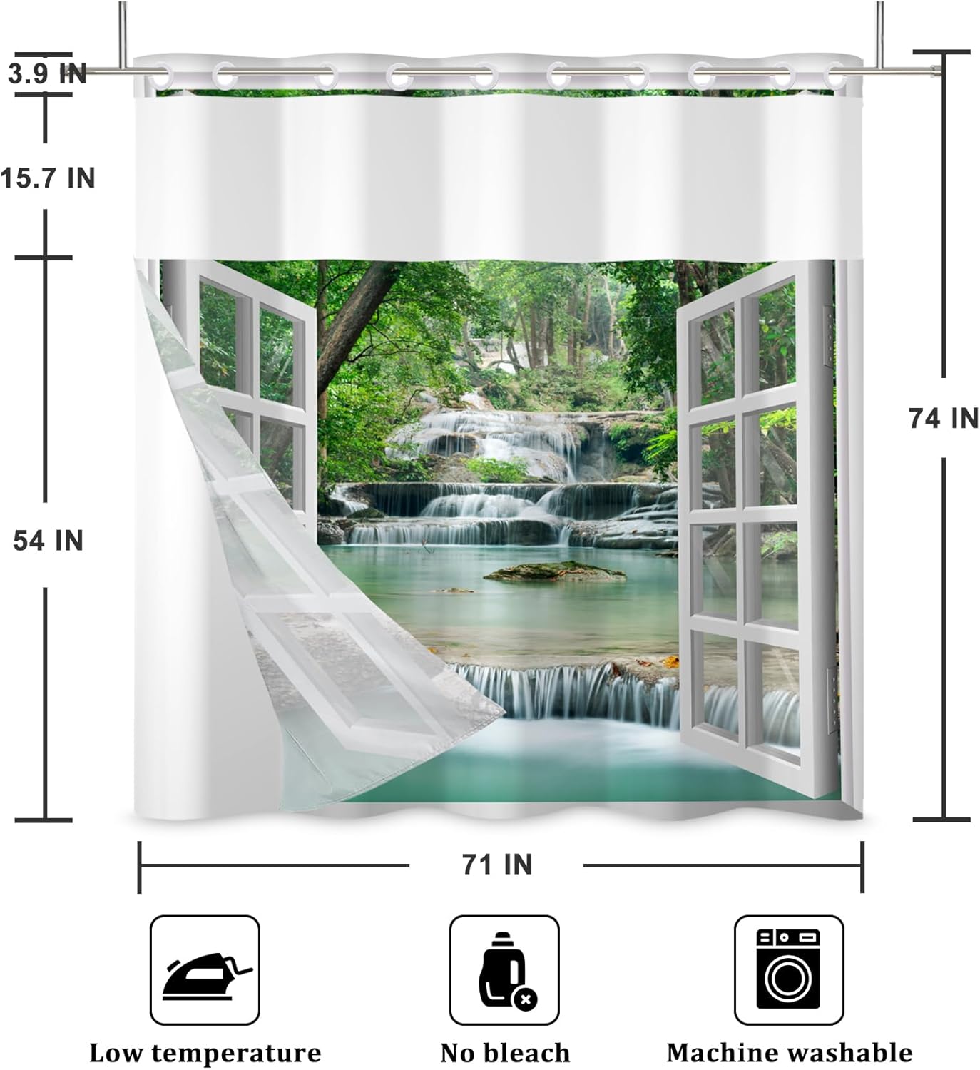 Baocicco No Hook Shower Curtain with Snap in Liner Nature Landscape Summer Forest River Jungle Waterfall Lake Waterproof No Hook Fabric Window Scenery Shower Curtains Set for Bath Bathtub 71x74 Inch