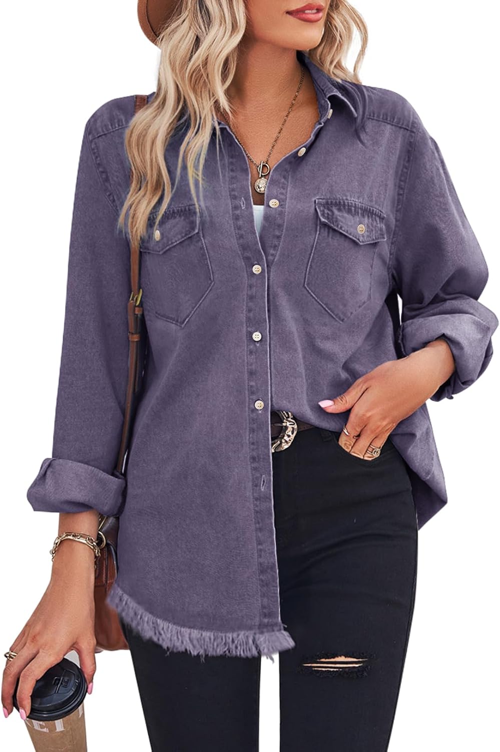 Zilcremo Women Denim Shirt Chambray Collared Jean Shirts Long Sleeve Pocket Button Down Blouses