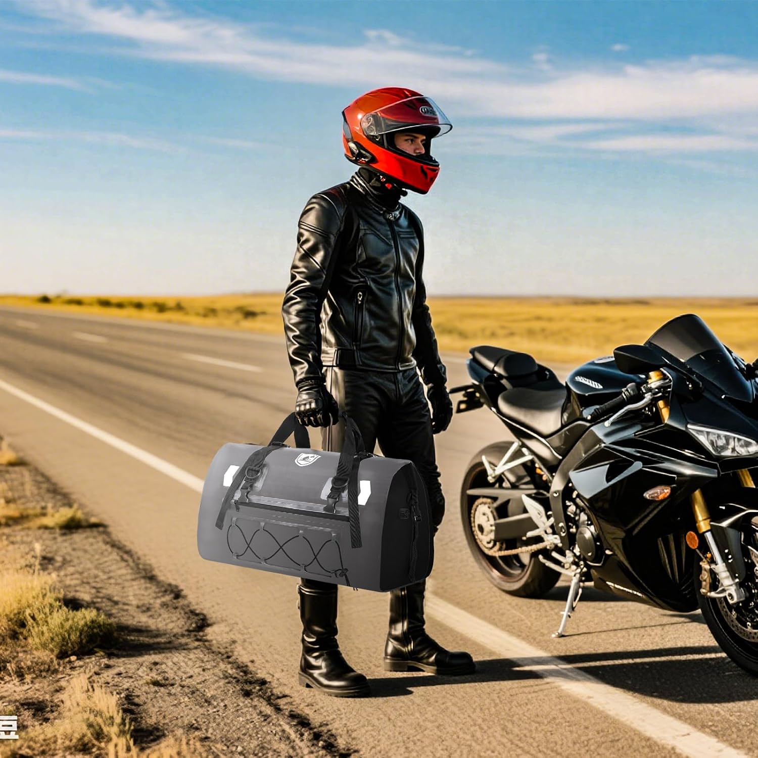 YEEGO DIRECT Motorcycle Dry Bags,50L Waterproof Luggage Bag, Tail Duffle Saddle Travel Rear Rack Trunk Bags with Hidden Helmet Pocket, Shoulder Straps for Outings Commuting Boat E-bike (Grey)