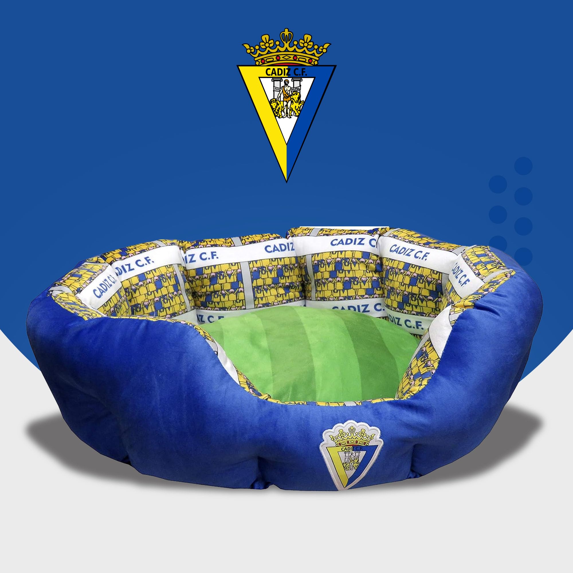 CÁDIZ CF - Cama para Mascotas, Perros, Gatos, Conejos, Talla S/M, Variedad de Tamaños Disponibles, Forma de Estadio, Cojín Independiente, Producto Oficial (CyP Brands)