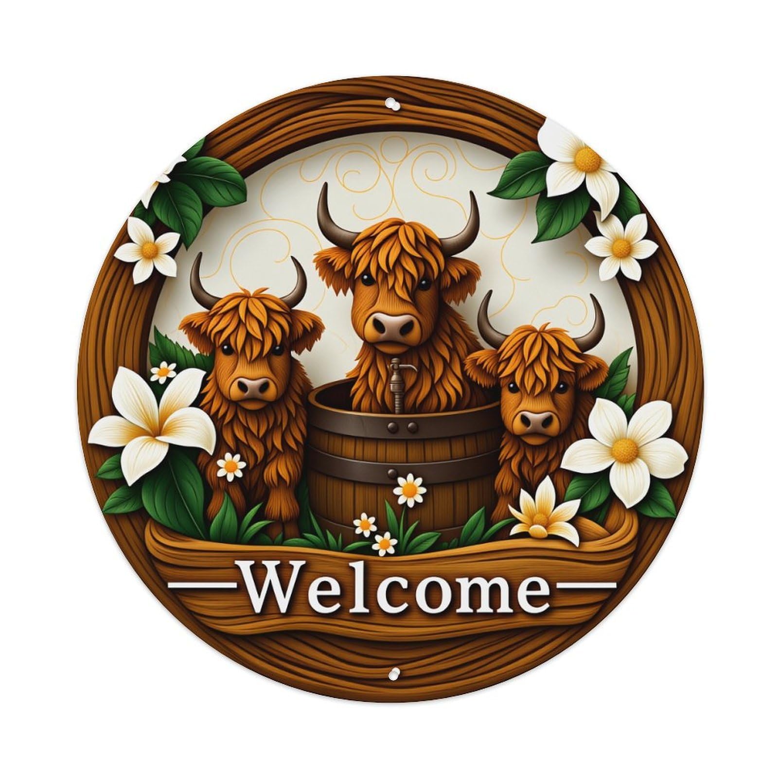 Cows In Barrel Flowers Welcome Round Tin Sign Vintage Style Metal Sign Home Bar Garden Wall Plaque Decor Metal Poster 8x8 Inch