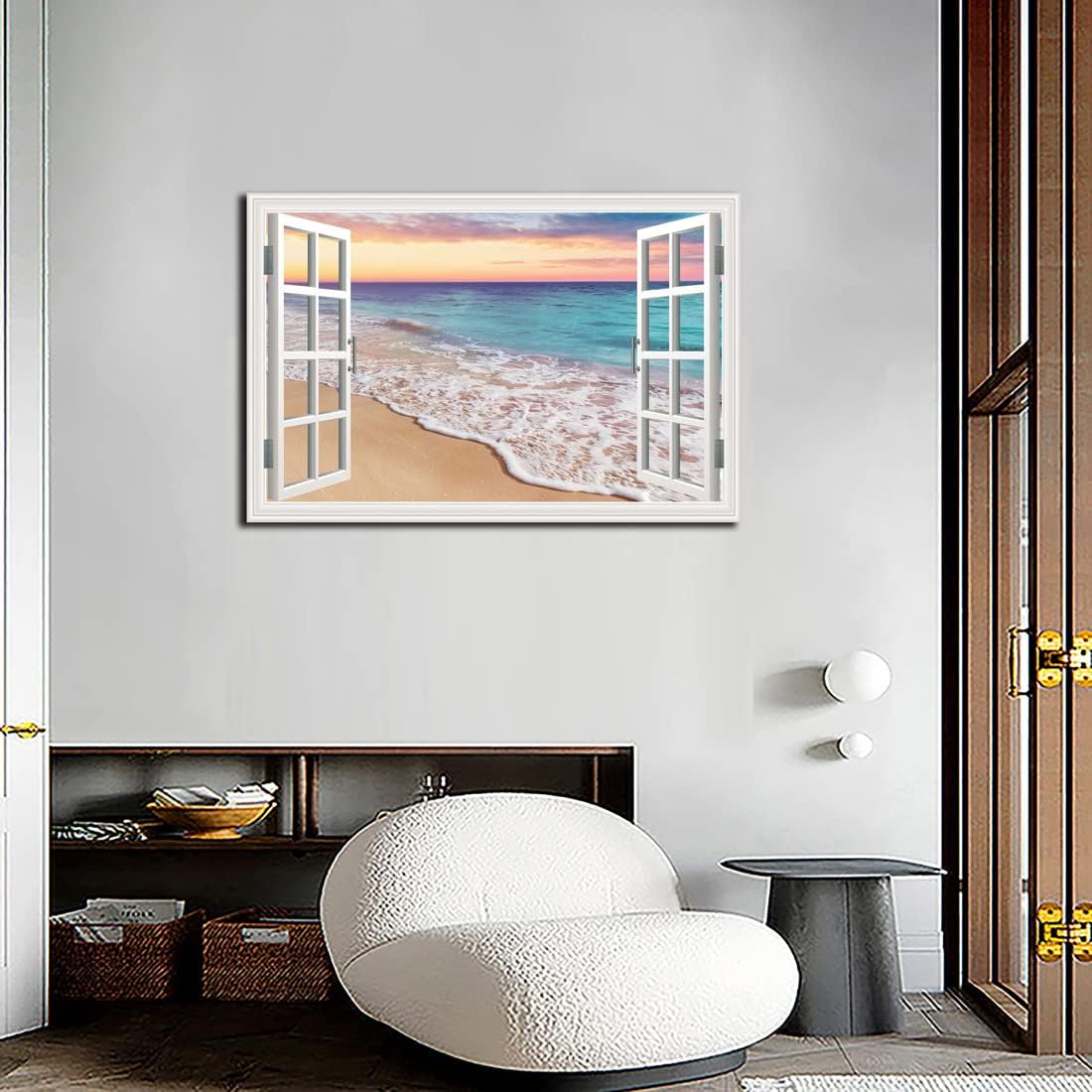 Beach Wall Art Pictures for Living Room Window Frame Style Ocean Wave Canvas Art Painting for Bedroom Blue Seascape Art Print for Bathroom Coastal Landscape Artwork for Home Office Decoration, Ready Ocean Wave Wall Art-1 24*36