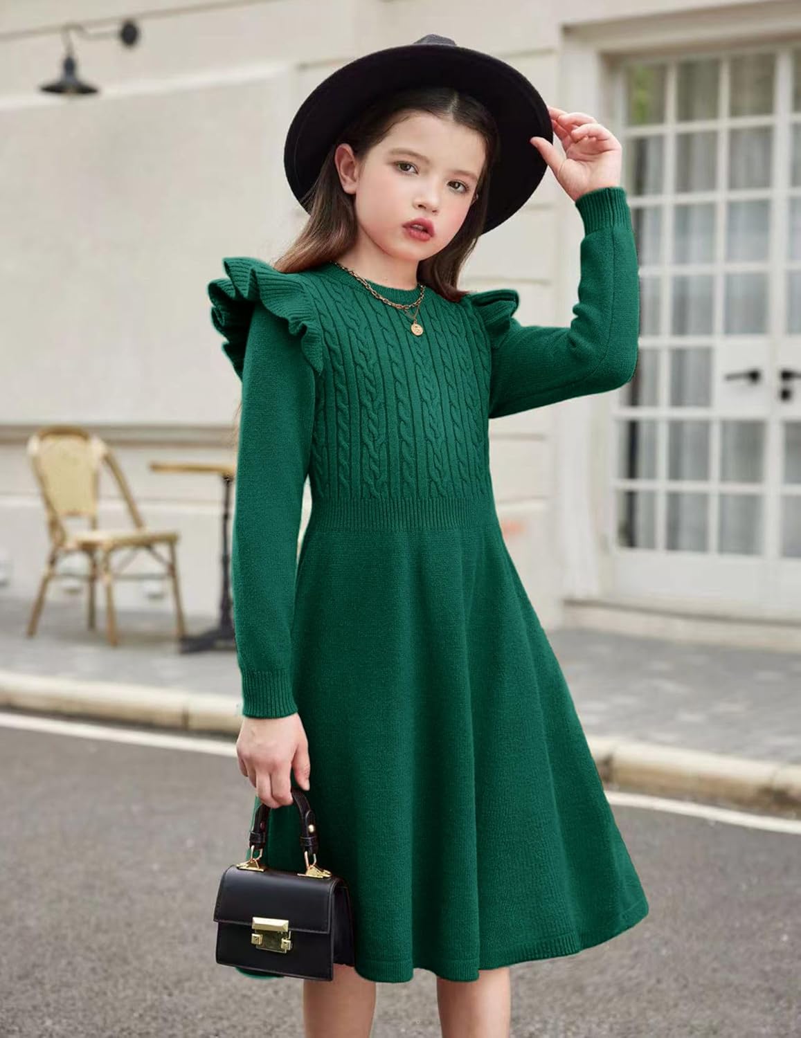 Arshiner Girls Sweater Dress Fall Winter Lantern Long Sleeve Cable Knit Pullover Midi Dresses - Image 2