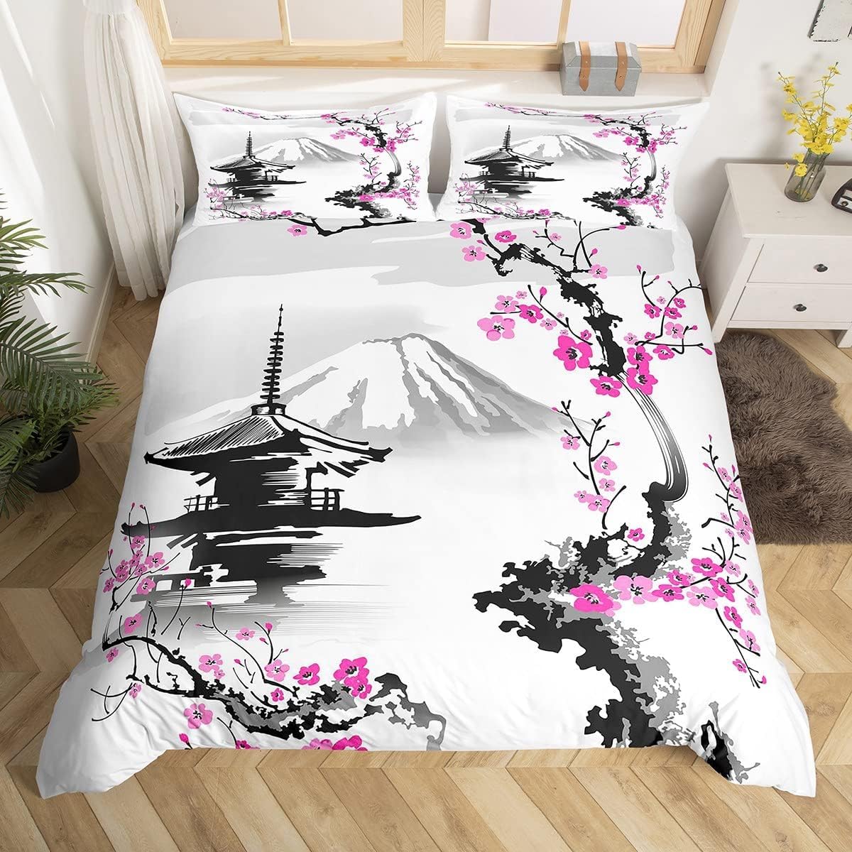 Homemissing Monte Fuji de Japón Funda nórdica 220x240cm Rosa Sakura Juego de cama Estilo Japonés Conjunto de ropa de cama Pintura de montaña con tinta Decoración de cama exótica Sakura Acuarela