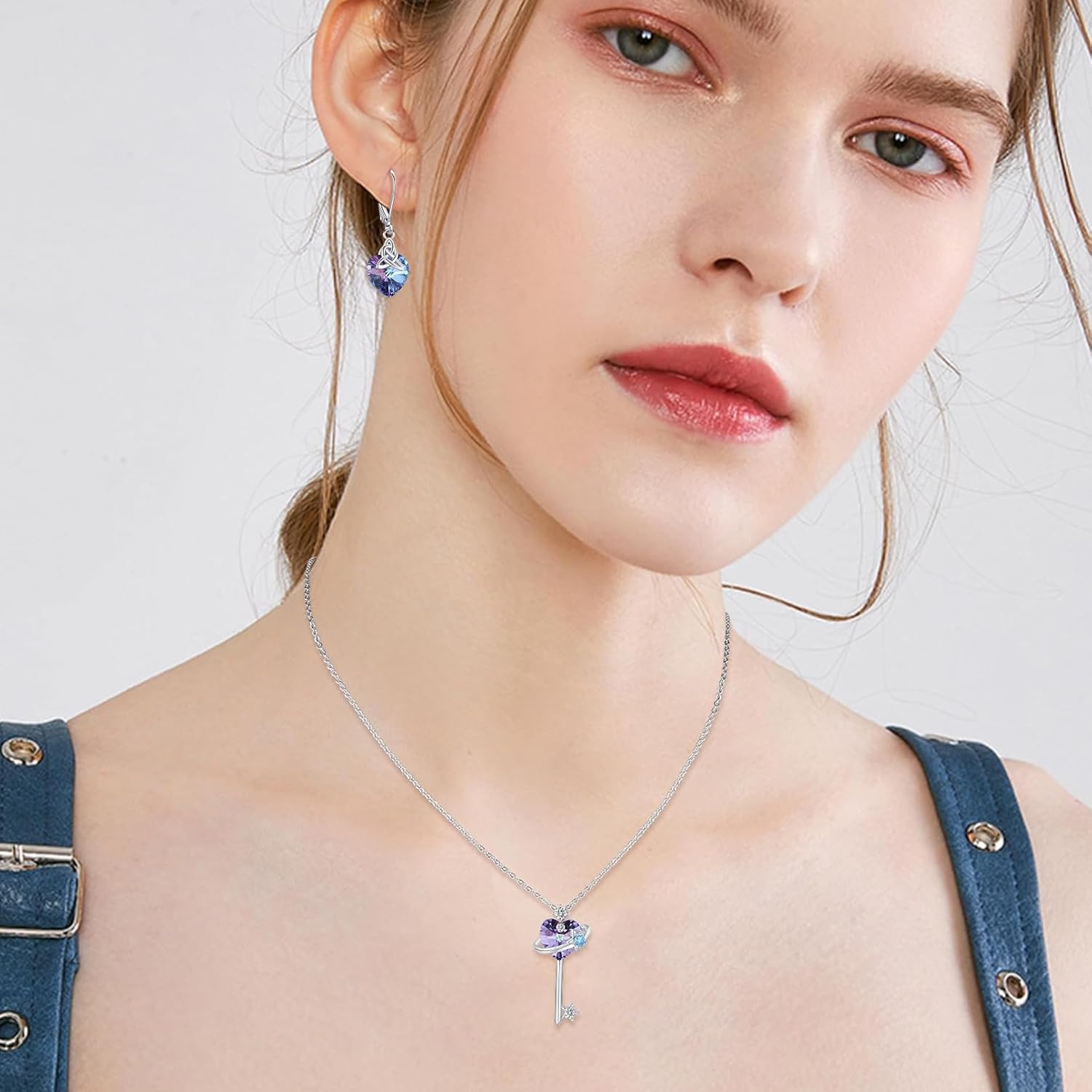 Key Pendant Necklace 925 Sterling Silver Purple Crystal Heart/Four Leaf Clover Love Key Necklace Jewelry Gifts for Women Wife Mom Birthday Mother's Day - Image 8