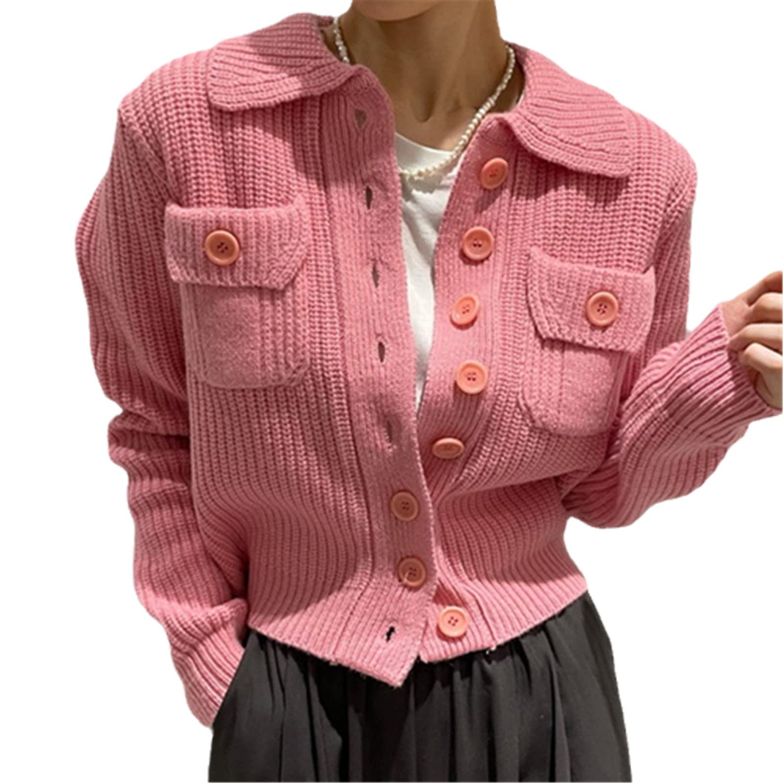 Otoño Invierno De Punto Cardigan Chic Doble Bolsillos Suéter Abrigo Slim Cintura Elegante Chaqueta De Punto, rosso, Talla única