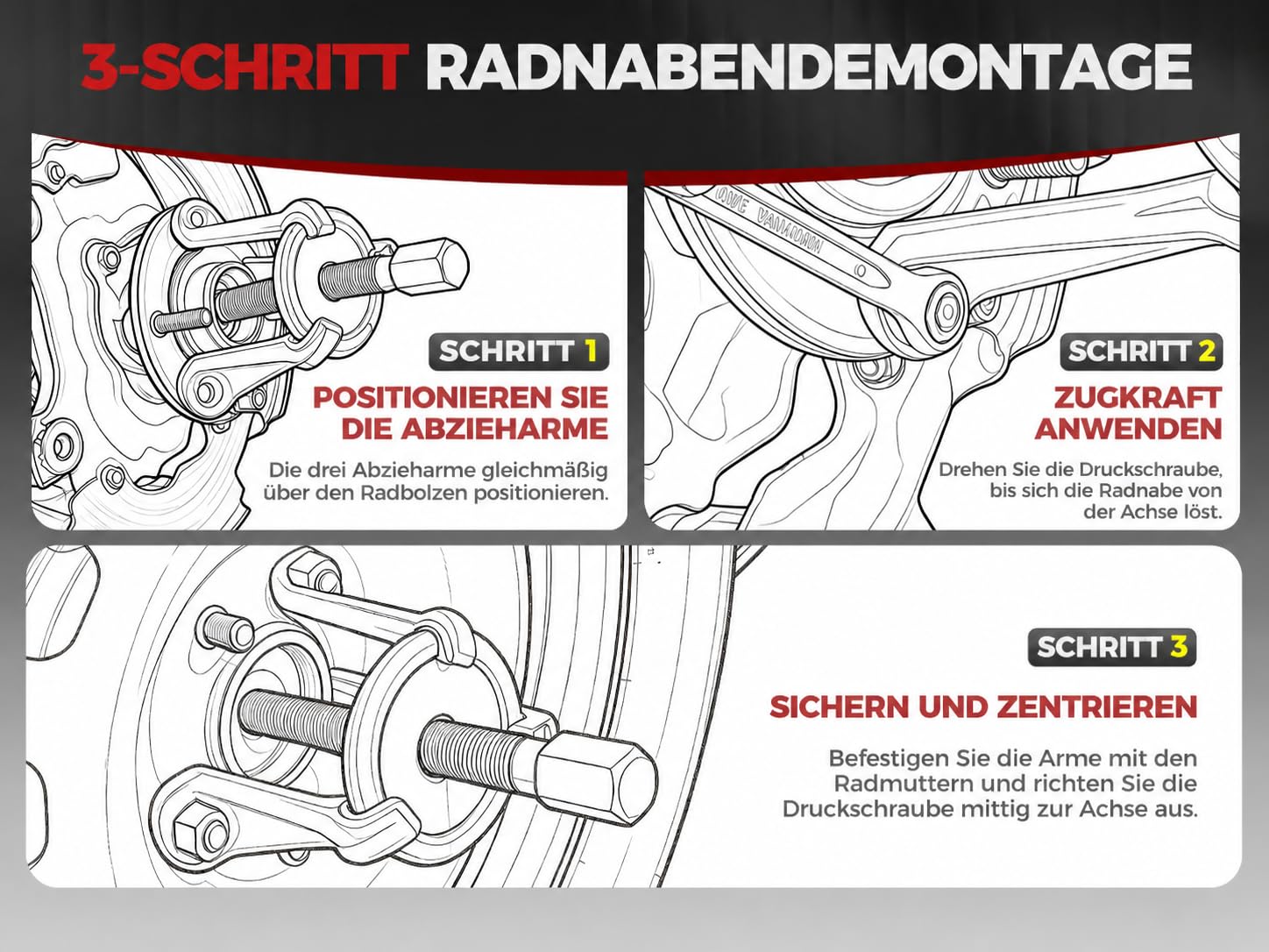 BILITOOLS Radnaben Bremstrommelabzieher, 3-armig Lochkreis bis 203 mm