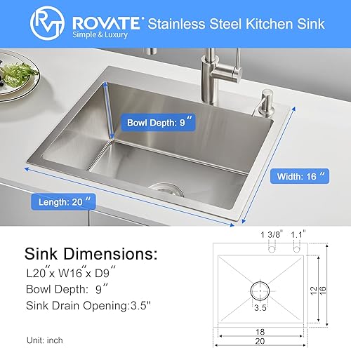 Miniatura 3 de ROVATE Fregadero de cocina de 20 x 16 pulgadas, fregadero de cocina de montaje superior hecho a mano, fregadero de cocina o bar de acero inoxidable