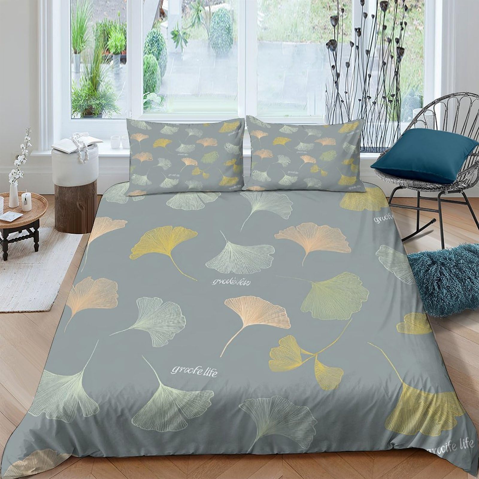 Ctjqhvkz Style-4 3D Printed Autumn Leaf Fitted Sheet Microfiber Soft Grey Bedroom Decor Ginkgo Pattern Mattress Cover For Home Dorm Single（135X200cm）
