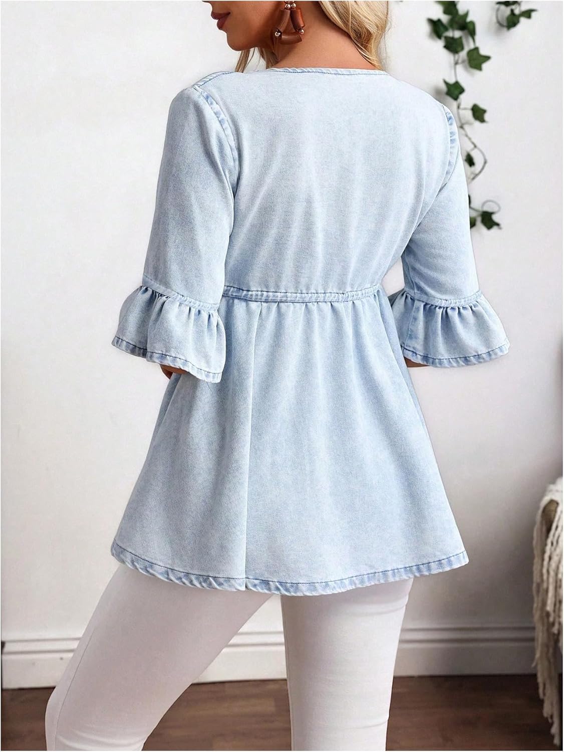 WDIRARA Women's Plus Size Tie Front Deep V Neck Denim Jackets Jean Peplum Outerwear