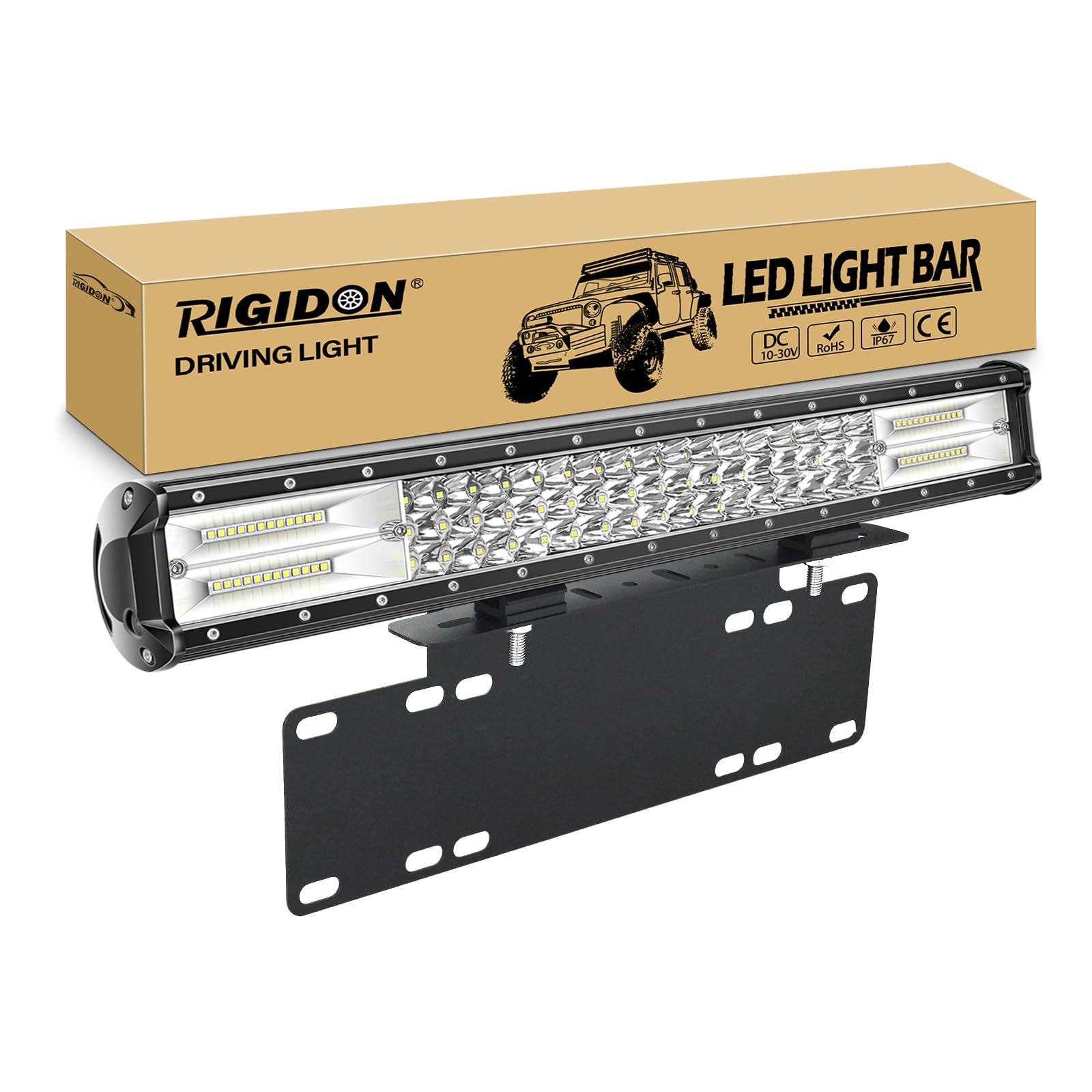 RIGIDON Samochodowa lampa LED Bar 50,6 cm 288 W z uchwytem montażowym tablicy rejestracyjnej, 12 V 24 V światła przeciwmgielne do samochodów terenowych SUV UTE ATV 4 x 4, połączenie reflektorów, lampa robocza do jazdy, 6000 K biała