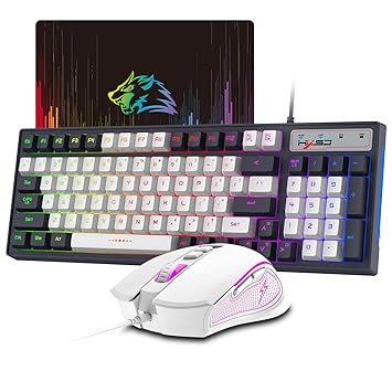 Wired RGB Gaming Keyboard and Mouse Combo with Multi Rainbow LED Backlight Ergonomic 96Key Layout 26Key Anti-ghosting Mechanical Feel Adjustable 3600DPI Mice Mouse Pad for PC Mac Gamer Typists(White)