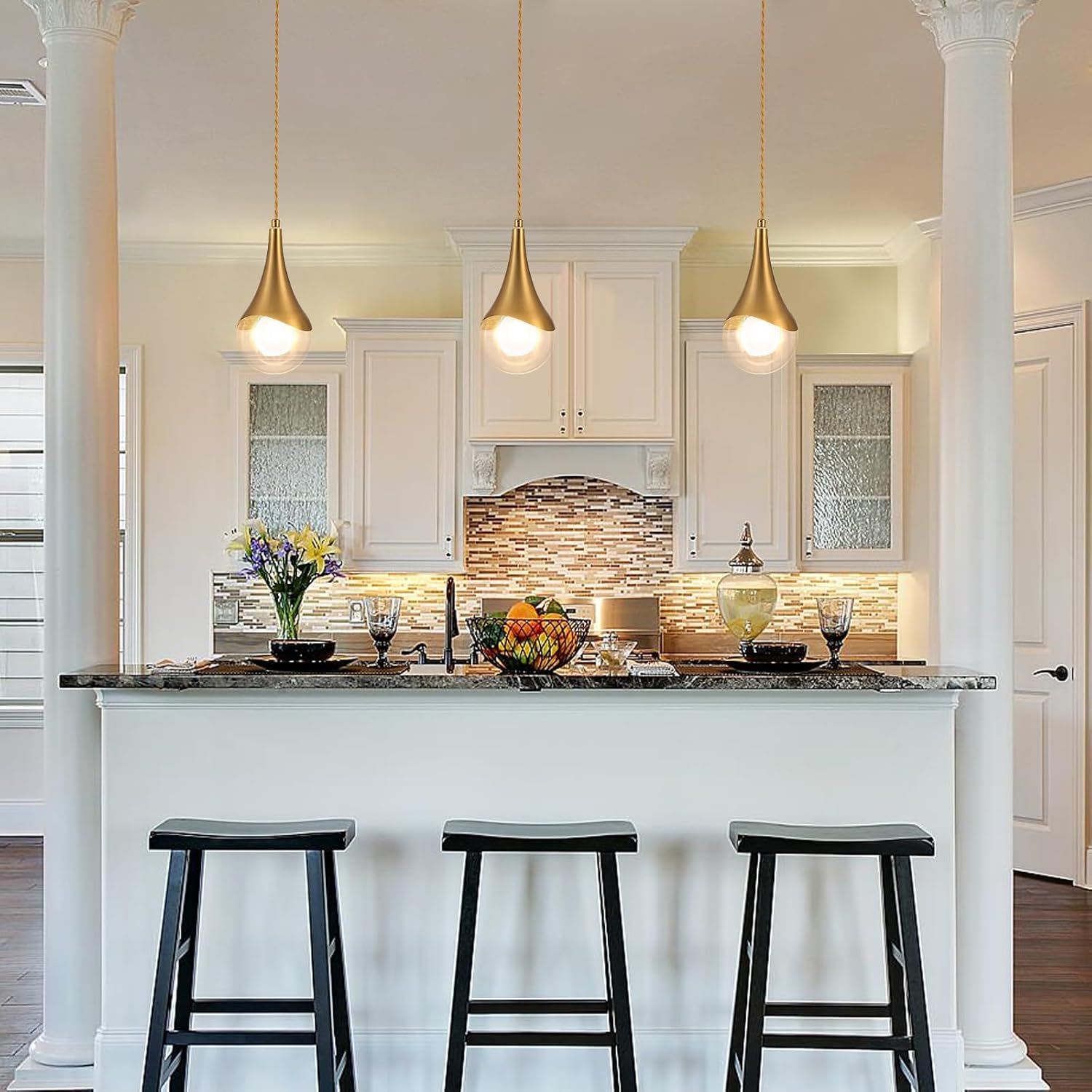 MWZ Gold Pendant Lights Kitchen Island 3 Pack, Modern Brass Raindrop Pendant Light Fixture Over Table with Clear Glass Globe Shade,Mini Teardrop Chandelier,Adjustable Cord Hanging Lighting for Sink