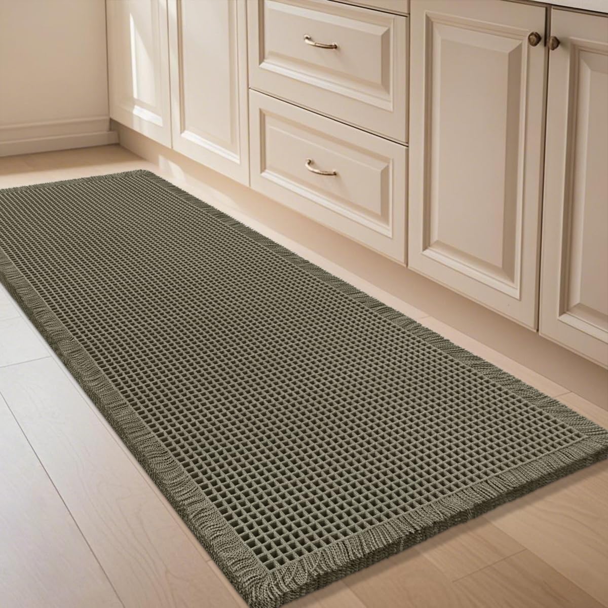 IM HOME Waffle Bath Mat Olive Green 4'x2', Boho Woven Modern Bath Mat Rugs, Absorbent Non Slip Bathroom Rugs, Soft Washable Bath Rugs with Tassels for