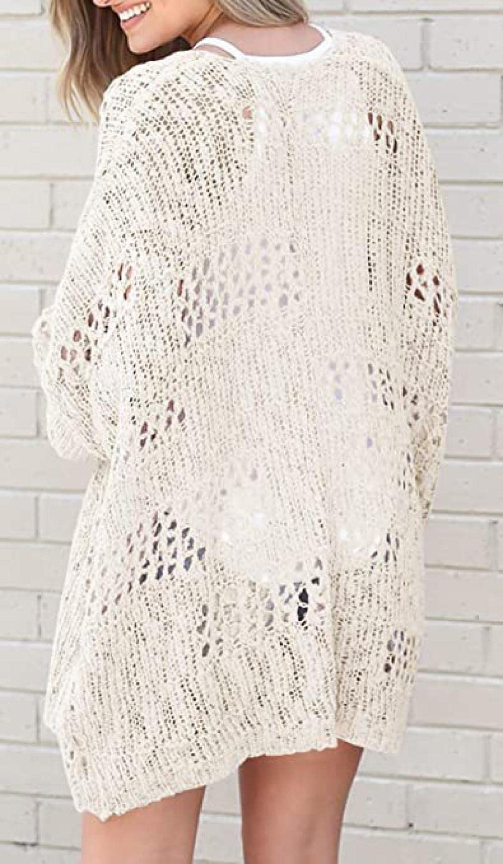 Gilet Femme, Cardigan Femme Beige Blanc Couleur Unie Rayures Creuses Manteau Tricoté Doux Printemps Automne Veste En Tricot Léger À Manches Longues Pull Ouvert Sortie Décontractée Hauts Outwear