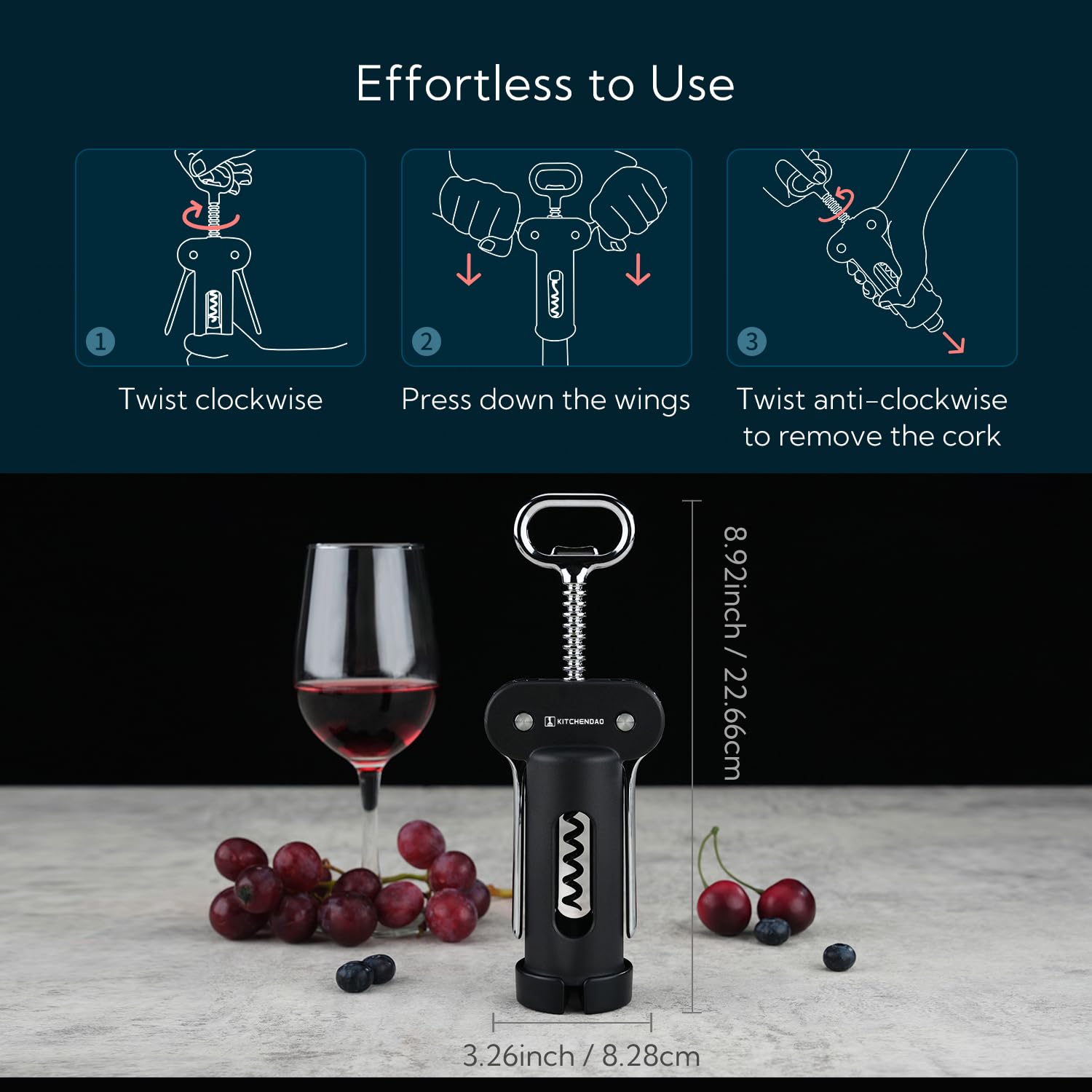 KITCHENDAO 3-in-1 Flügelkorkenzieher Weinflaschenöffner mit Folienschneider, integrierter Bierflaschenöffner, multifunktionaler Weinöffner mit antihaftbeschichteter scharfer Schraube, einfach zu