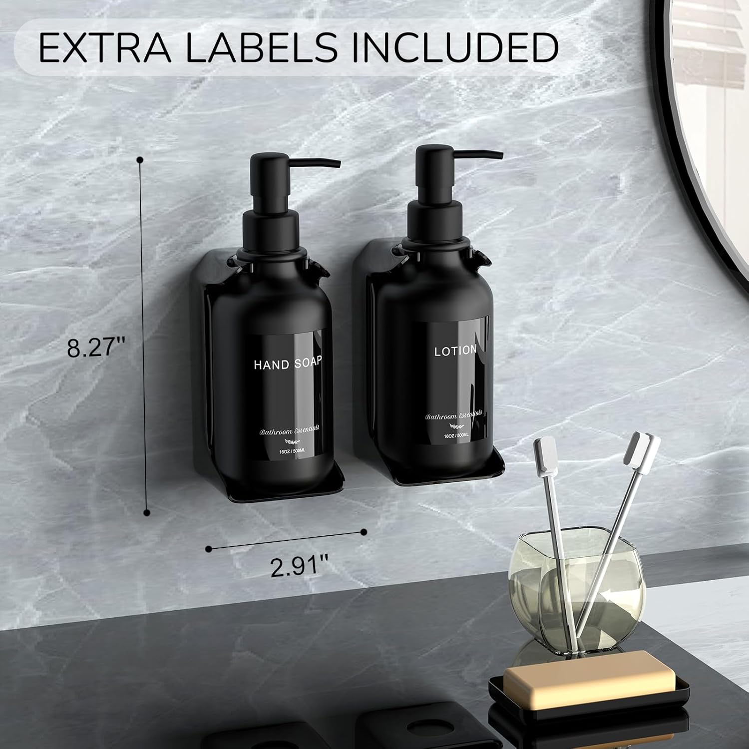 Modern Shampoo and Conditioner Dispenser - Shower Soap Dispenser Wall Mounted - 16 oz Set of 3 Plastic Black Bottles with Black Pumps - Stylish Shampoo Dispenser, Shower Dispenser 3 Chamber No Drill