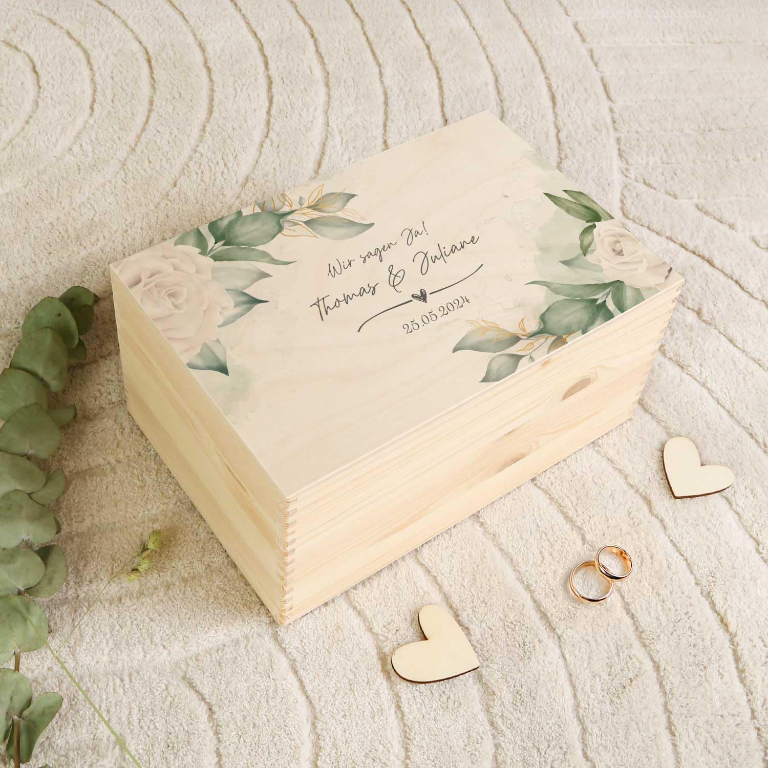 GRAVURZEILE Personalisierte Erinnerungskiste mit UV-Druck - Wedding Love Design - Personalisiert mit Namen & Datum - Erinnerungsbox für das Brautpaar - Geschenk zur Hochzeit