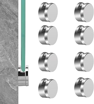 Frameless Mirror Mounting Hardware Kit Zinc Alloy Mirror Holder Clips Round Shape Dual-Screw Fixing Mirror Glass Hanging Bracket with Screws and Anchors Fit for 3-5mm Thickness Silver, Set of 8