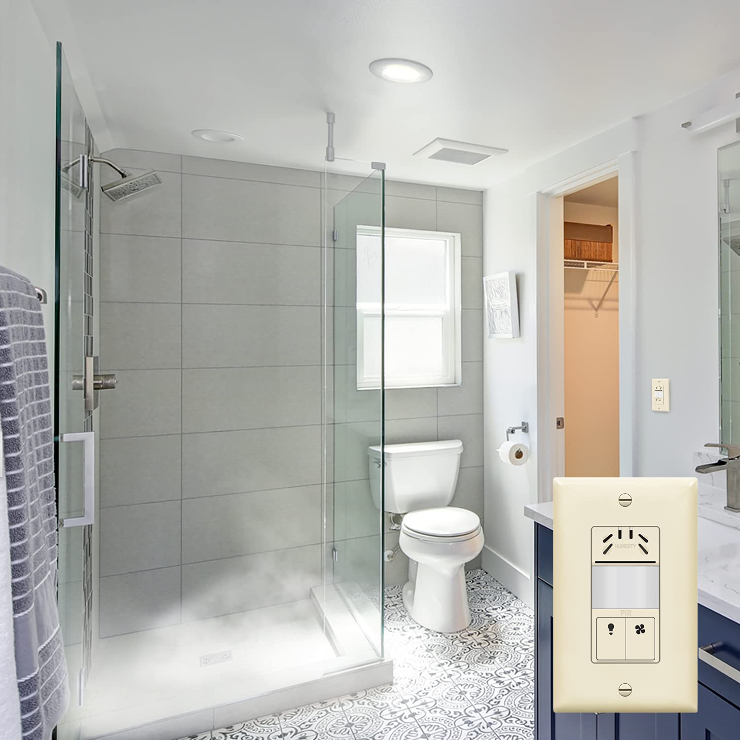 TOPGREENER Interrupteur de capteur d'humidité avec capteur de mouvement et éclairage PIR, câble neutre nécessaire, détection d'humidité de l'air pour ventilateur de ventilation, contrôle automatisé du
