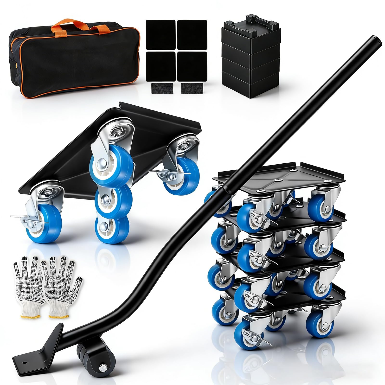 Kit Demenagement 4 Roulette Charge Lourde 1000kg pour Meuble, Déplace Meuble Lourd sans Effort, Système 5 Roues Acier avec Freins, Lève Meuble 65cm, Chariot Demenagement, Plateau Roulant