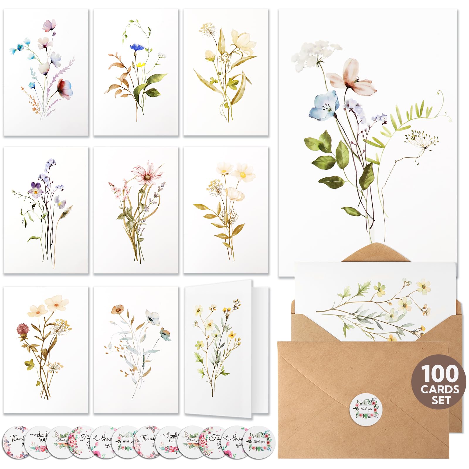 VZZNN Lot de 100 cartes de remerciement motif fleurs sauvages (10,2 x 15,2 cm), cartes de remerciement pour petite entreprise, carte de mariage avec enveloppe, livrées avec 108 autocollants ronds