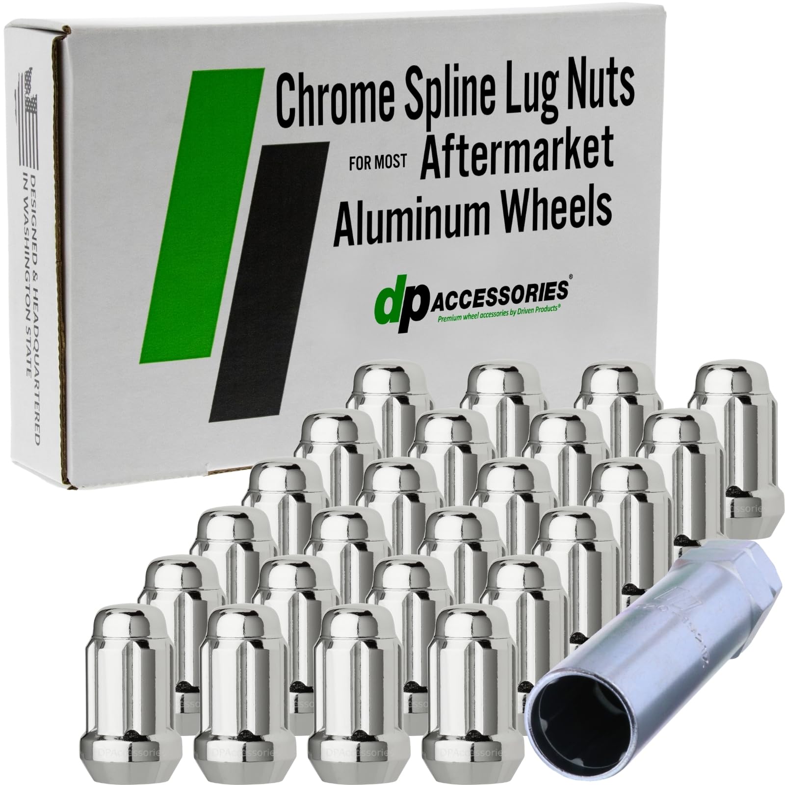 DPAccessories Chrome 7/16-20 Lug Nuts for Aftermarket Wheels - Closed End Spline Tuner - 34mm (1.35