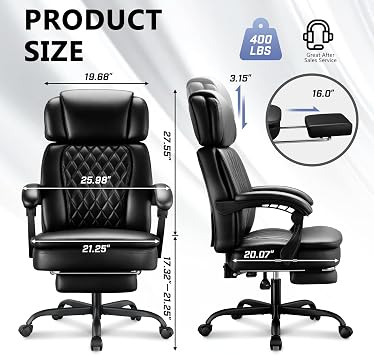 400lbs Executive Office Chair with Foot Rest for Heavy People, Ergonomic Big and Tall Desk Chair with Adjustable Headrest, High Back PU Leather Comfy Heavy Duty Computer Chair with Spring Cushion