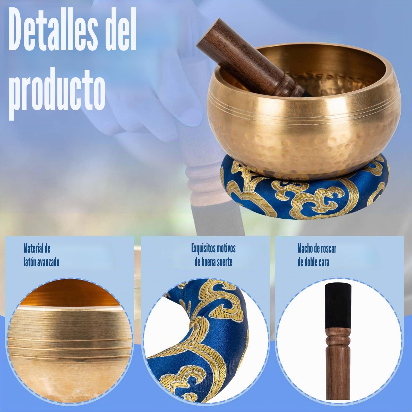 OUUTMEE Cuenco tibetano de 13 cm, cuenco sonoro original hecho a mano, juego de cuencos sonoros con mazo y cojín, grande